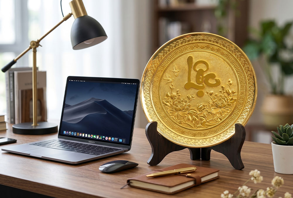 Tranh Đồng Chữ Lộc Tròn Dát Vàng Đường Kính 25cm