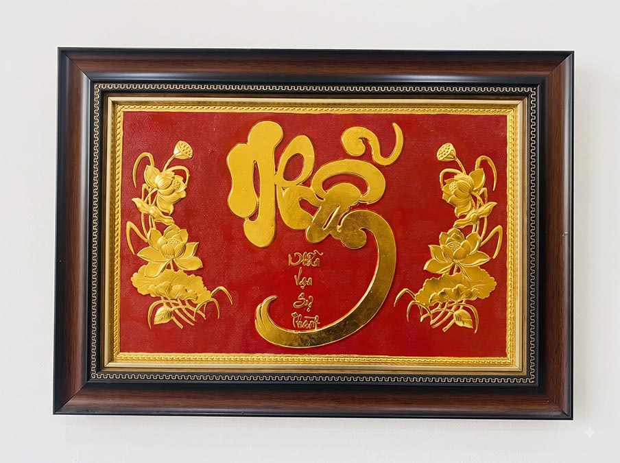 Tranh Chữ Nhẫn Thư Pháp Hoa Sen Bằng Đồng Khổ 40cm x 55cm