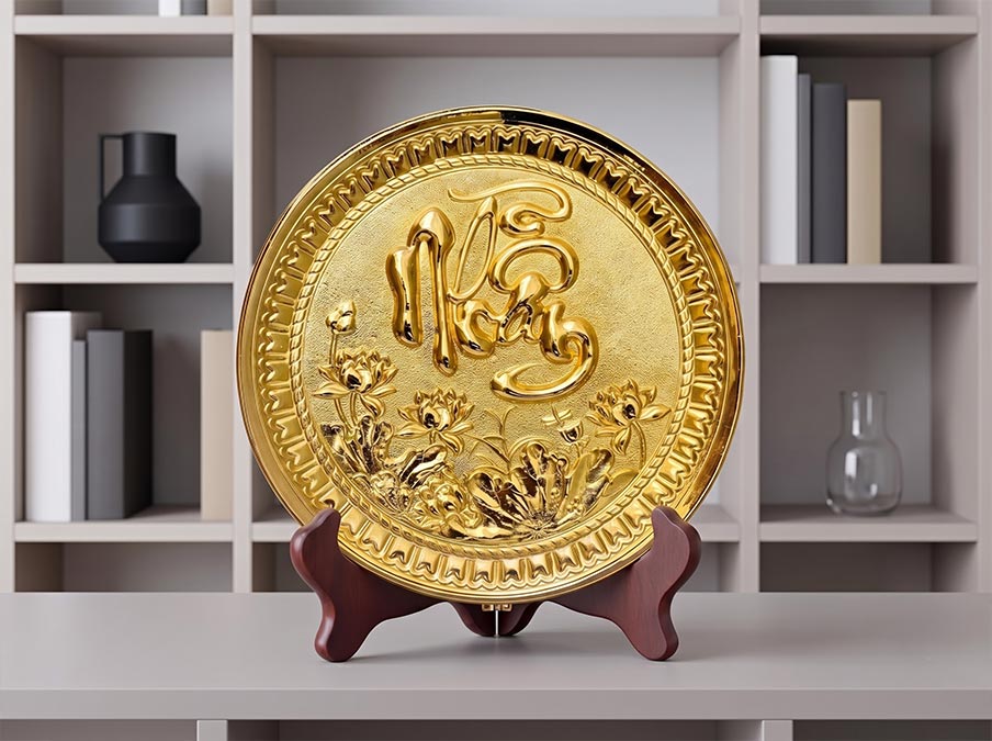 Tranh đĩa chữ Nhẫn bằng đồng dát vàng đk 19cm