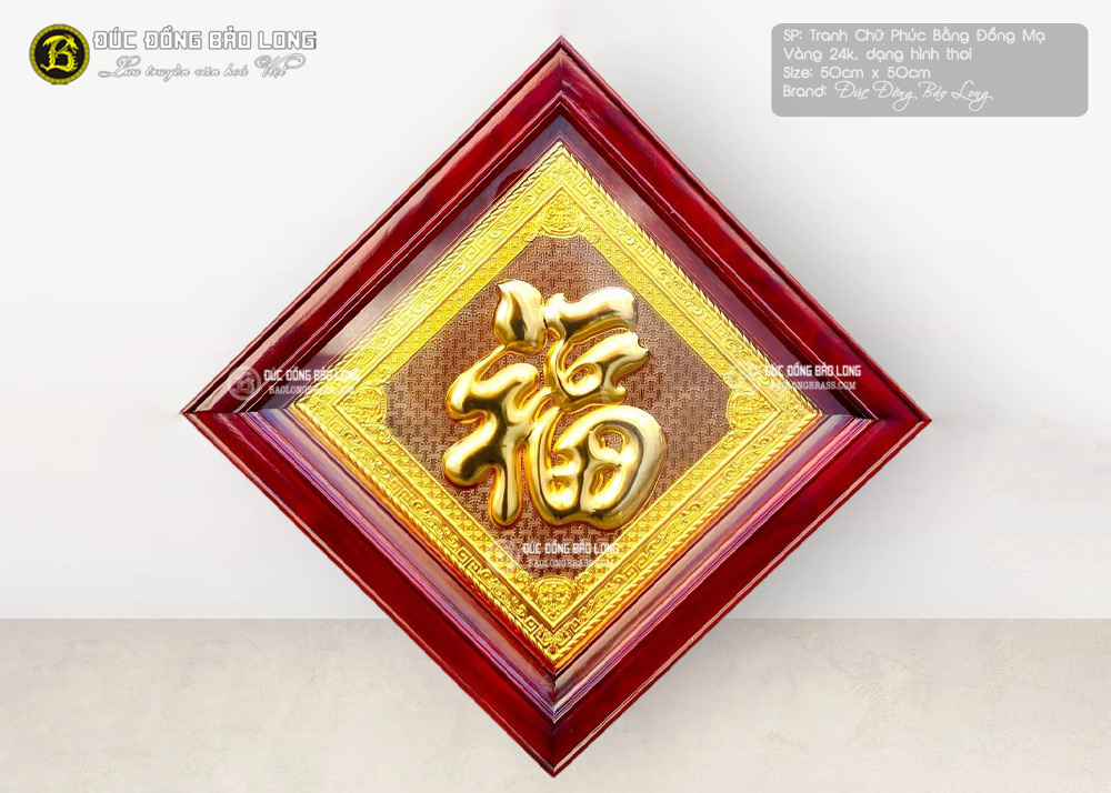 Tranh Chữ Phúc Tiếng Hán Bằng Đồng Mạ Vàng Hình Thoi 50cm