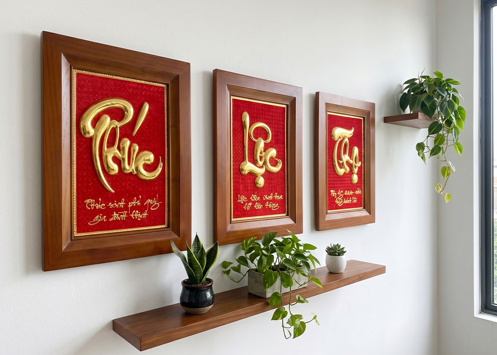 Bộ Tranh Phúc Lộc Thọ Bằng Đồng Khổ Dọc 28cm x 38cm