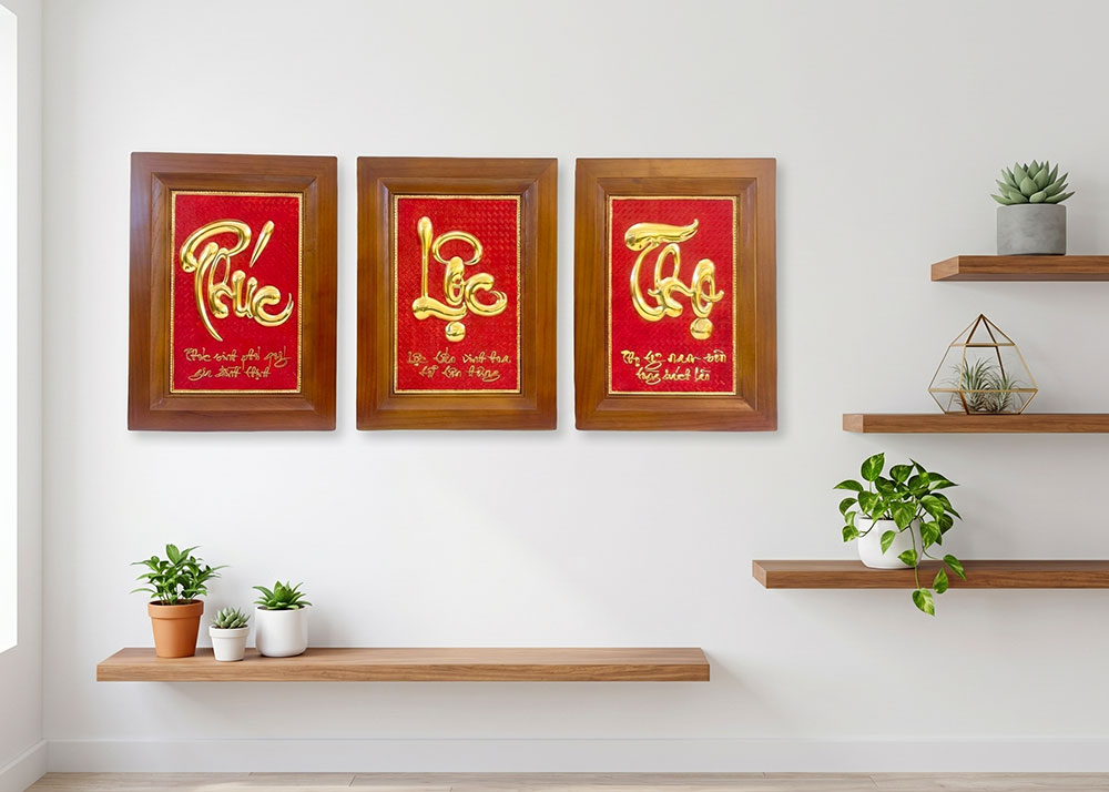 Bộ Tranh Phúc Lộc Thọ Bằng Đồng Khổ Dọc 28cm x 38cm