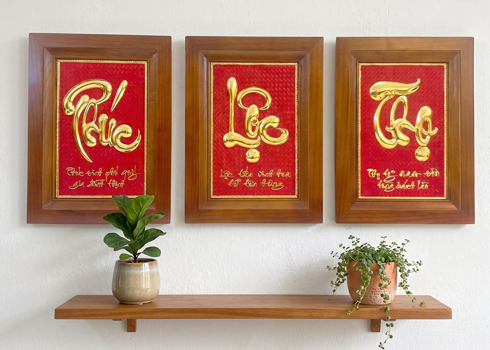 Bộ Tranh Phúc Lộc Thọ Bằng Đồng Khổ Dọc 28cm x 38cm