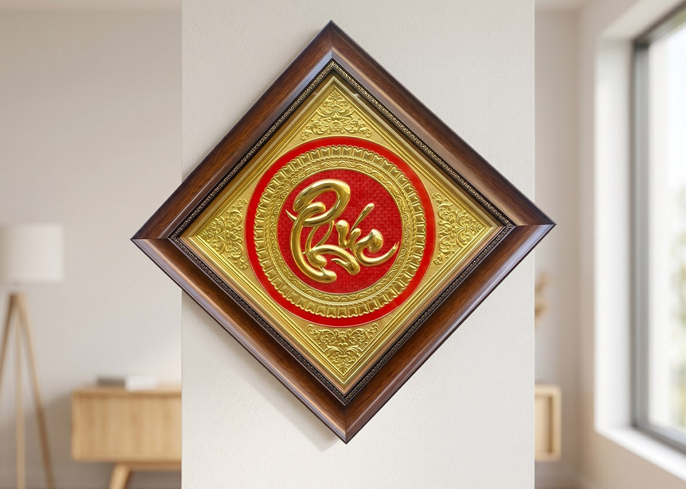 Tranh Chữ Phúc Bằng Đồng Khổ Vuông 40cm Hình Thoi