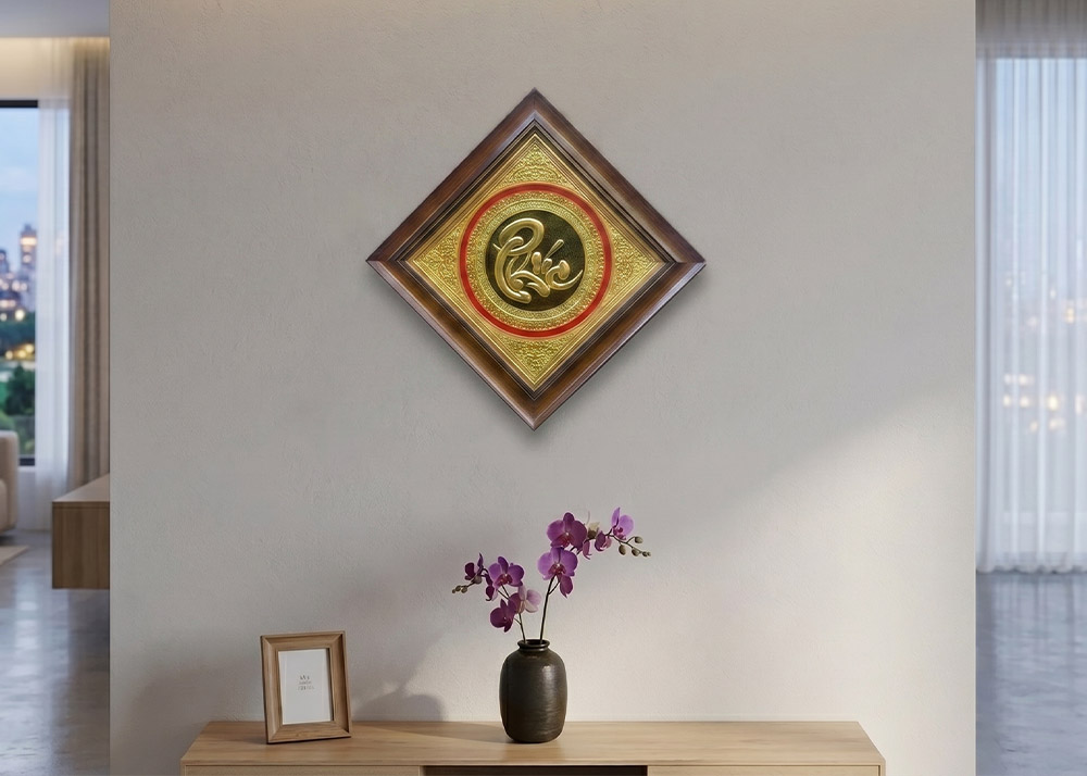Tranh Chữ Phúc Bằng Đồng Khổ Vuông 40cm Hình Thoi