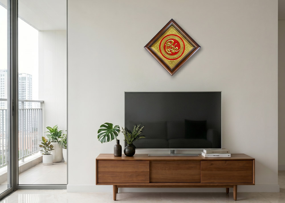 Tranh Chữ Phúc Bằng Đồng Khổ Vuông 40cm Hình Thoi