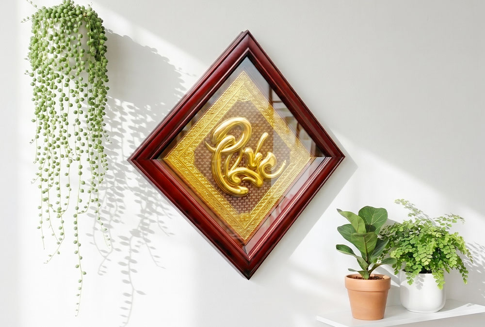 Tranh Chữ Phúc Dát Vàng Hình Thoi Khung gỗ Khổ 50cm x 50cm