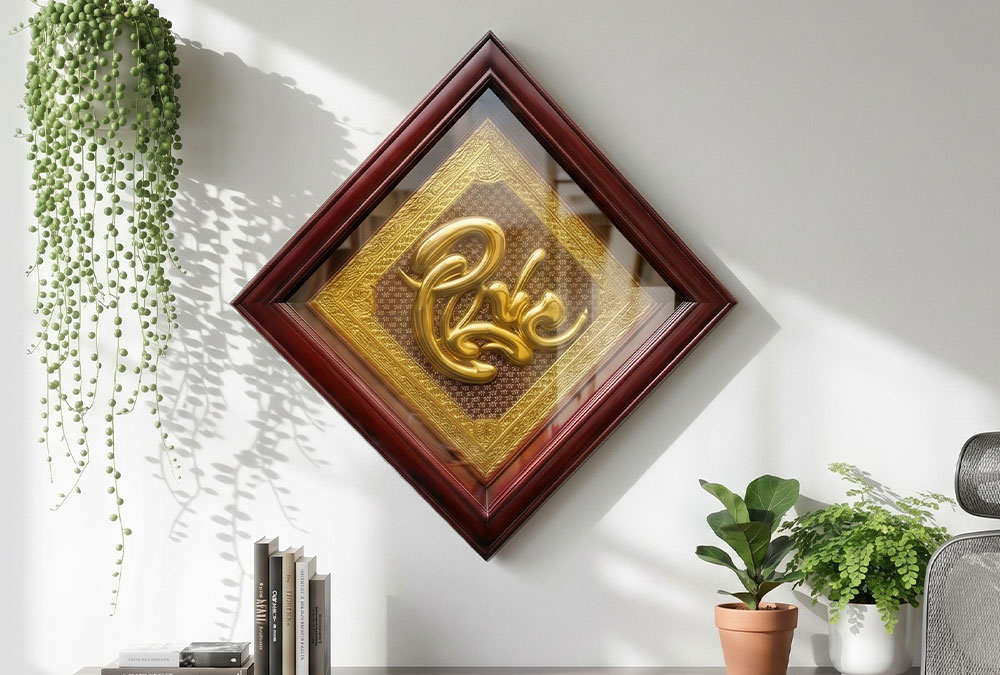 Tranh Chữ Phúc Dát Vàng Hình Thoi Khung gỗ Khổ 50cm x 50cm