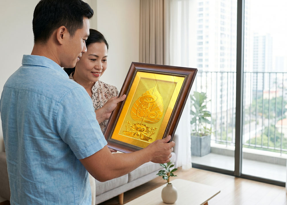 Quà Tặng Tranh Chữ Phúc Lá Bồ Đề Bằng Đồng Dát Vàng 40cm x 55cm 