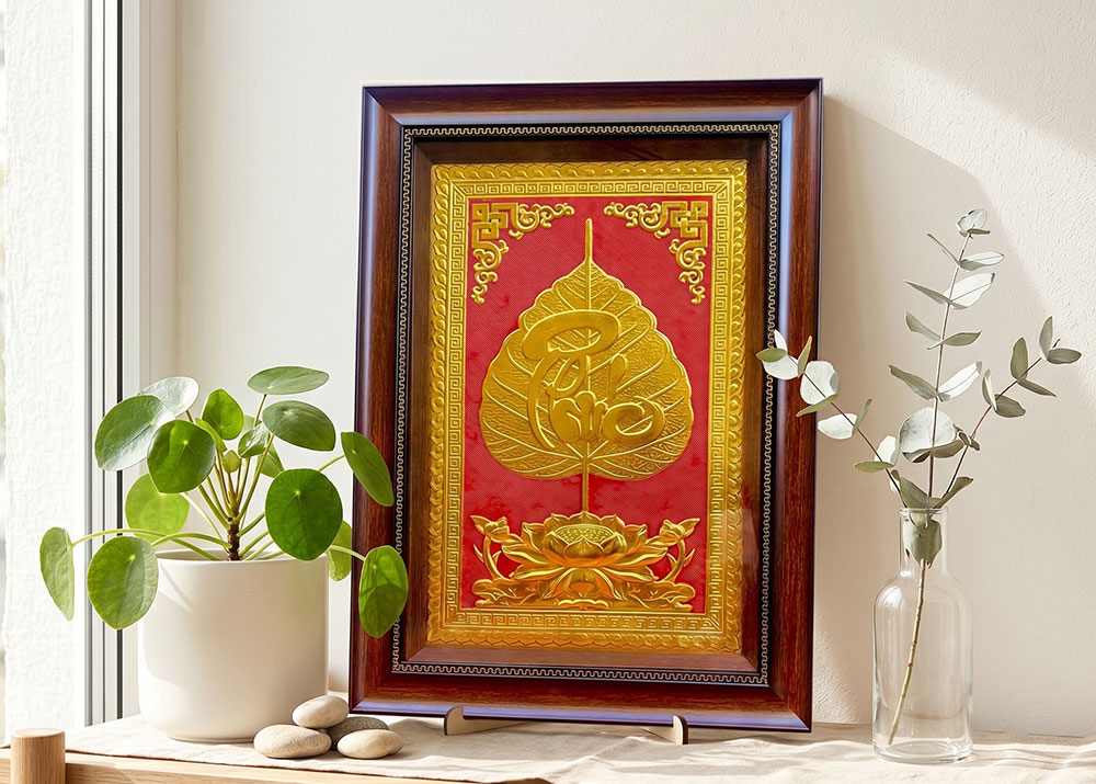Quà Tặng Tranh Chữ Phúc Lá Bồ Đề Bằng Đồng Dát Vàng 40cm x 55cm