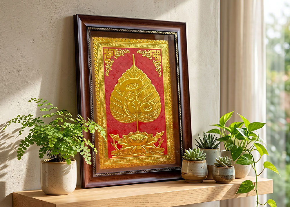 Thiết kế của Quà Tặng Tranh Chữ Phúc Lá Bồ Đề Bằng Đồng Dát Vàng 40cm x 55cm