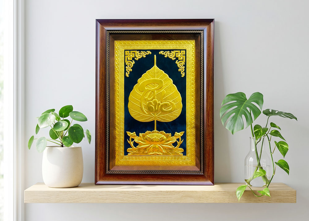 Quà Tặng Tranh Chữ Phúc Lá Bồ Đề Bằng Đồng Dát Vàng 40cm x 55cm 