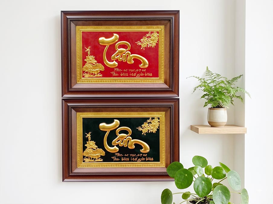 Tranh chữ tâm mai sen bằng đồng dát vàng khổ ngang 40cm x 55cm