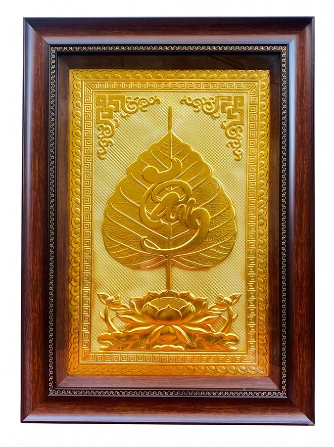 Tranh Chữ Tâm Lá Đề Bằng Đồng Dát Vàng Khô 40cm x 55cm