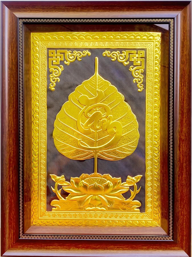 Tranh Chữ Tâm Lá Đề Bằng Đồng Dát Vàng Khô 40cm x 55cm