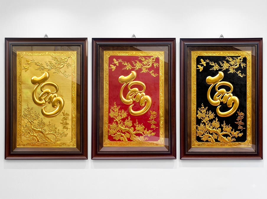 Tranh Chữ Tâm Mai Khai Phú Quý Bằng Đồng Dát Vàng khổ 50cm x 70cm