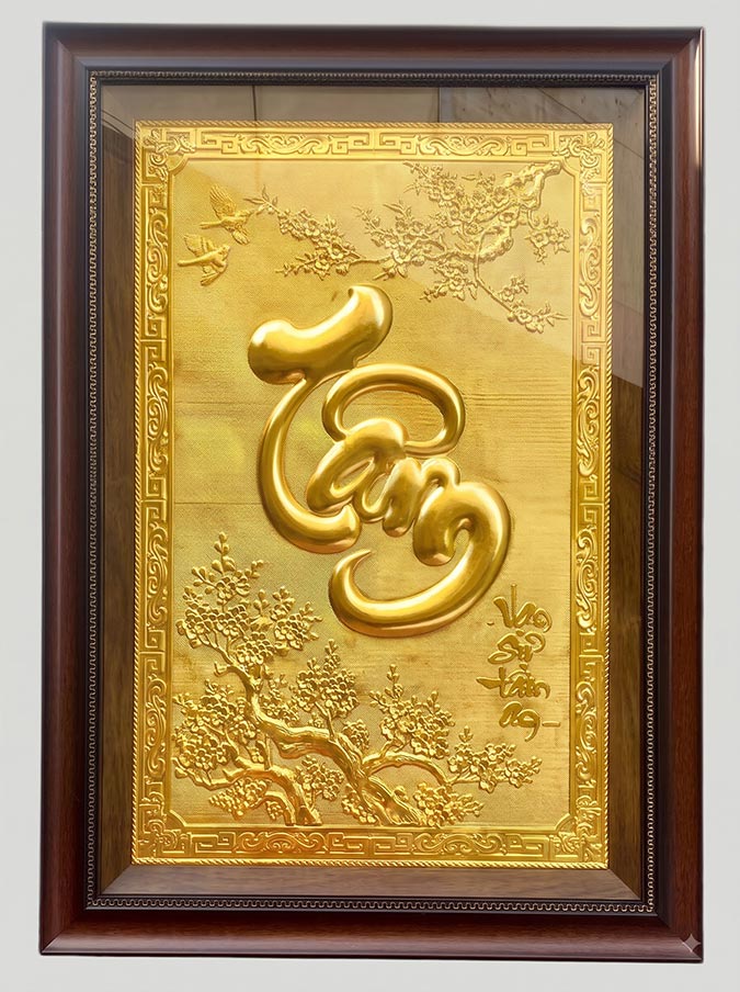 Tranh Chữ Tâm Mai Khai Phú Quý Bằng Đồng Dát Vàng khổ 50cm x 70cm