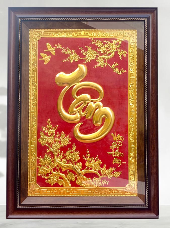 Tranh Chữ Tâm Mai Khai Phú Quý Bằng Đồng Dát Vàng khổ 50cm x 70cm