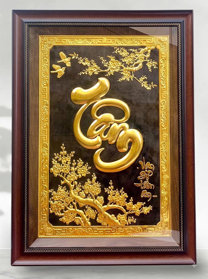 Tranh Chữ Tâm Mai Khai Phú Quý Bằng Đồng Dát Vàng khổ 50cm x 70cm