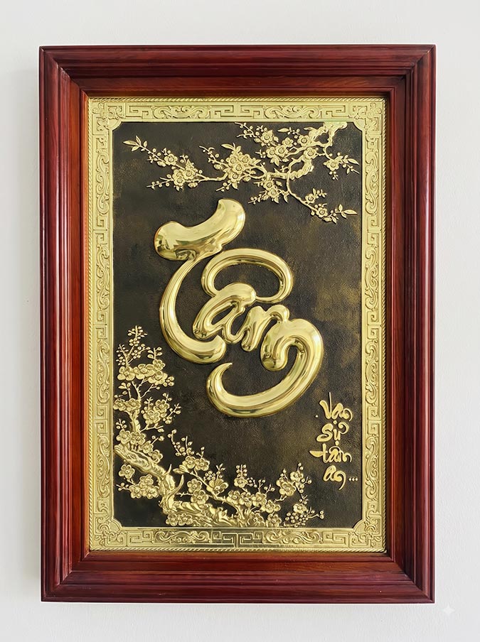 Tranh Chữ Tâm Mai Khai Phú Quý Bằng Đồng Khung Gỗ Sồi Khổ 50cm x 70cm