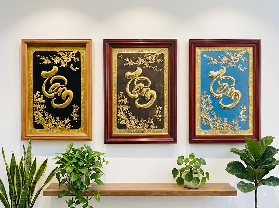 Tranh Chữ Tâm Mai Khai Phú Quý Bằng Đồng Khung Gỗ Sồi Khổ 50cm x 70cm
