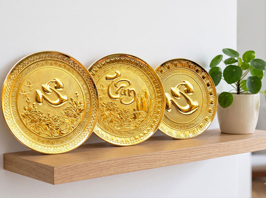 Tranh Đĩa Chữ Tâm Bằng Đồng Dát Vàng Đường Kính 25cm