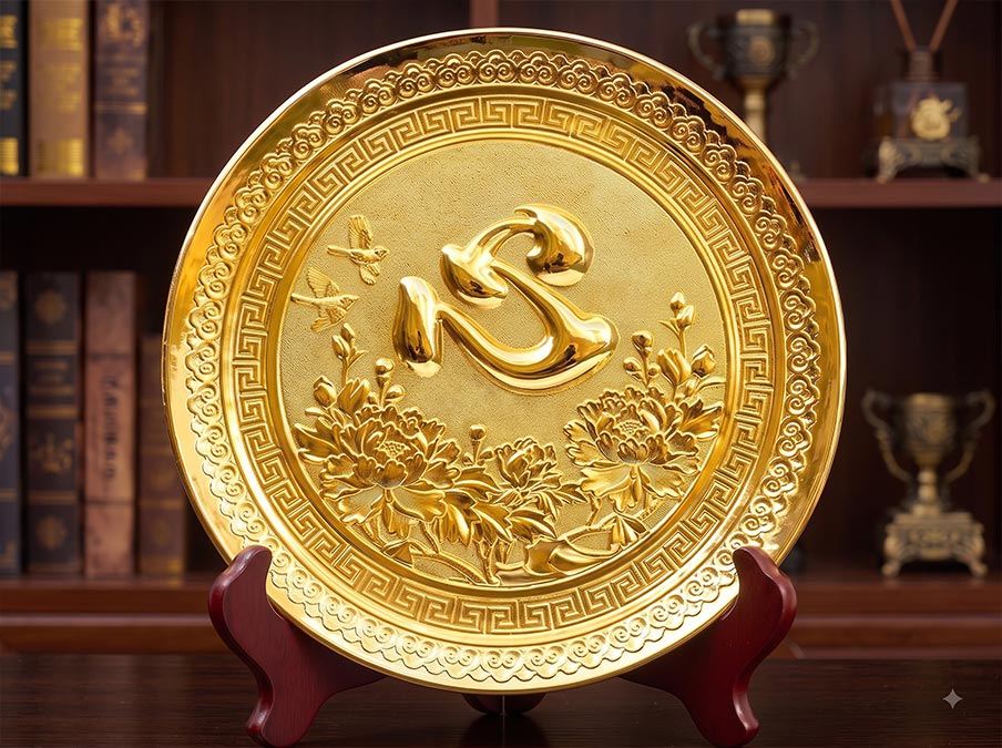 Tranh Đĩa Chữ Tâm Bằng Đồng Dát Vàng Đường Kính 25cm