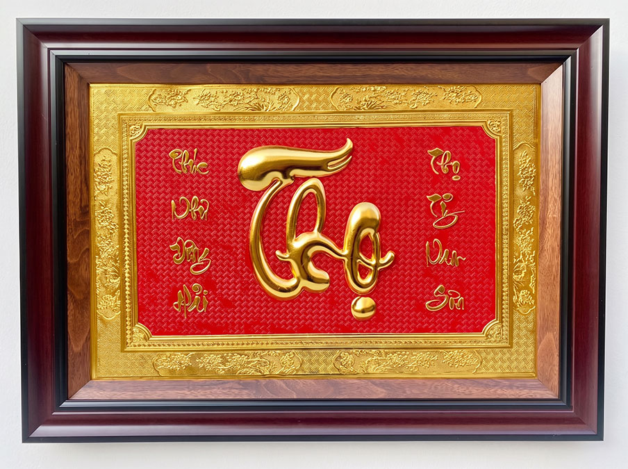 Tranh Chữ Thọ Câu Đối Bằng Đồng Dát Vàng Khổ 52cm x 72cm