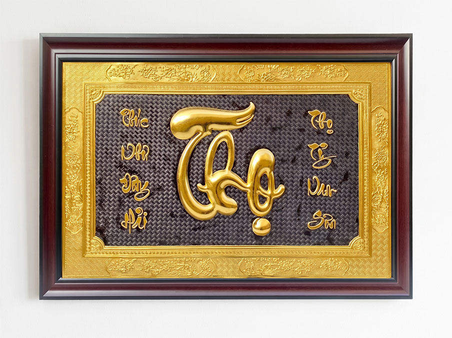 Tranh Chữ Thọ Câu Đối Bằng Đồng Dát Vàng Khổ 52cm x 72cm