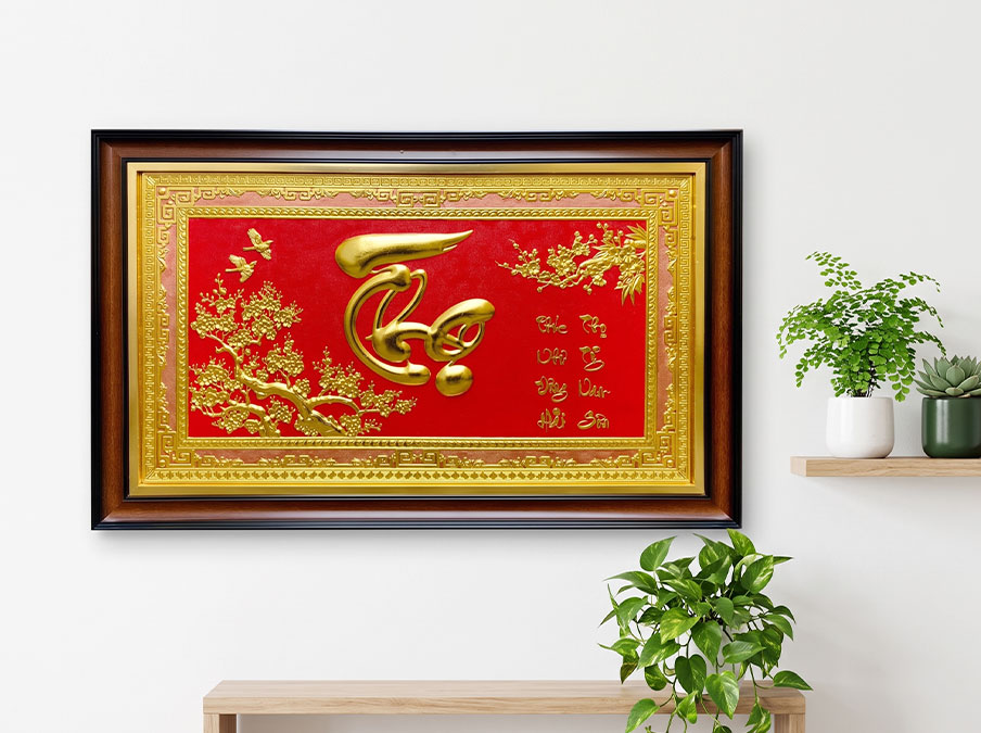 Tranh Chữ Thọ Mai Khai Phú Quý Bằng Đồng Dát Vàng Khổ 1m07 x 68cm