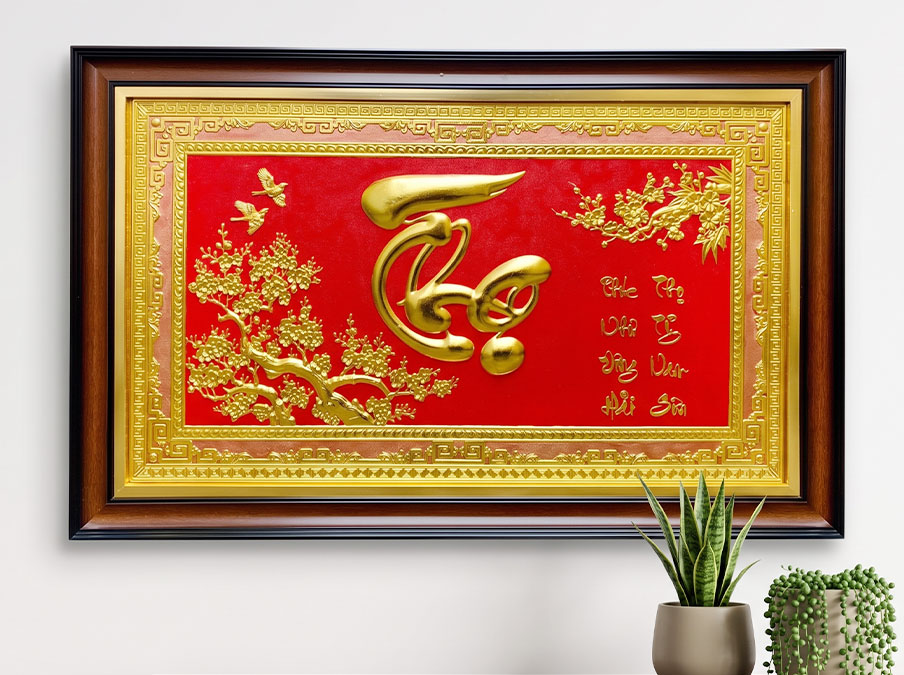 Tranh Chữ Thọ Mai Khai Phú Quý Bằng Đồng Dát Vàng Khổ 1m07 x 68cm