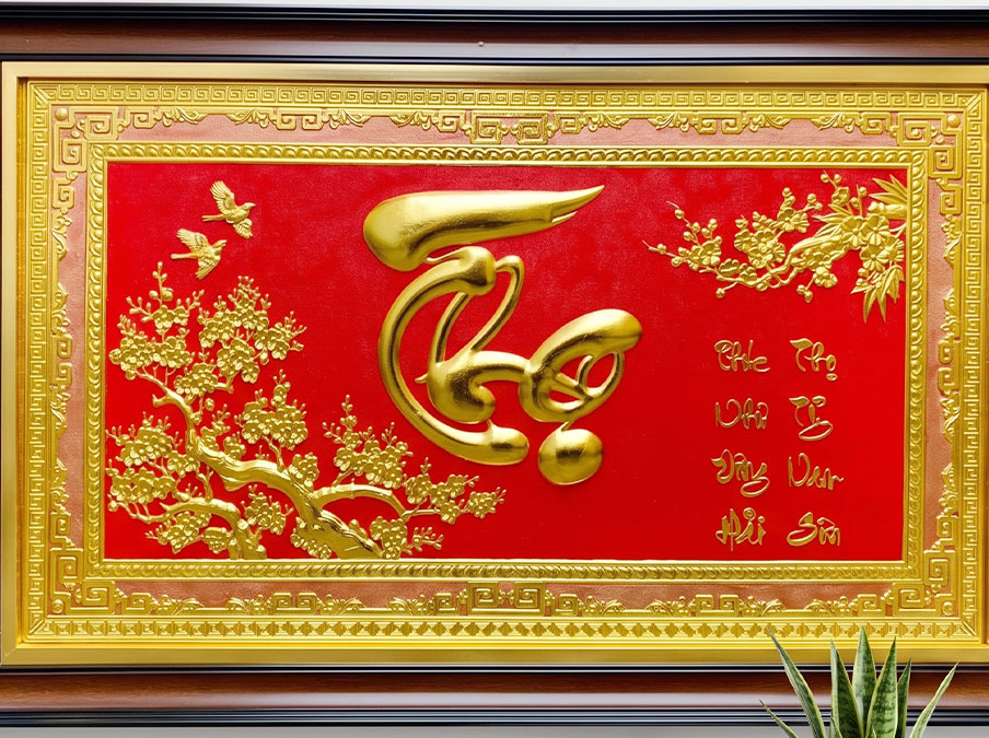 Tranh Chữ Thọ Mai Khai Phú Quý Bằng Đồng Dát Vàng Khổ 1m07 x 68cm