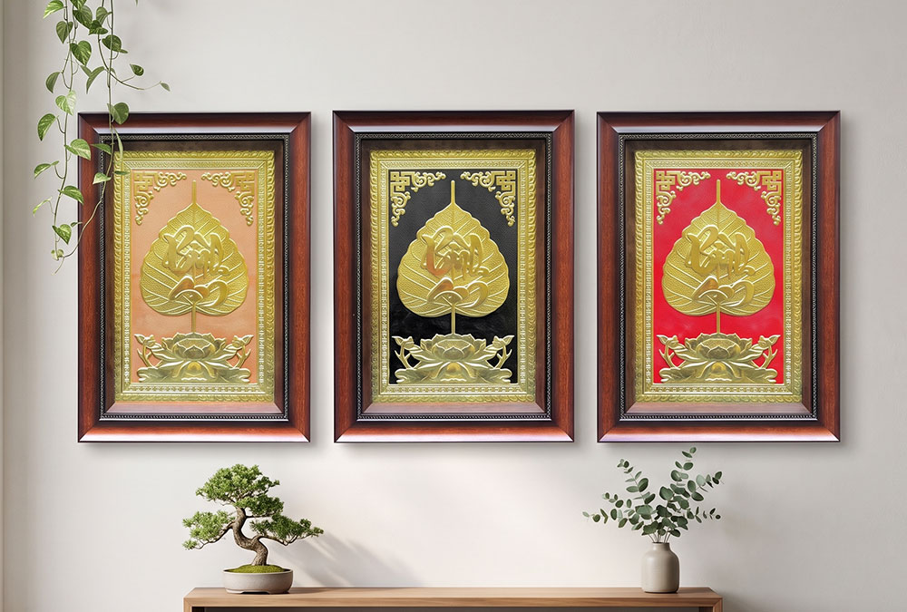 Quà Tặng Tranh Chữ Bình An Lá Đề Bằng Đồng Khổ 40cm x 55cm