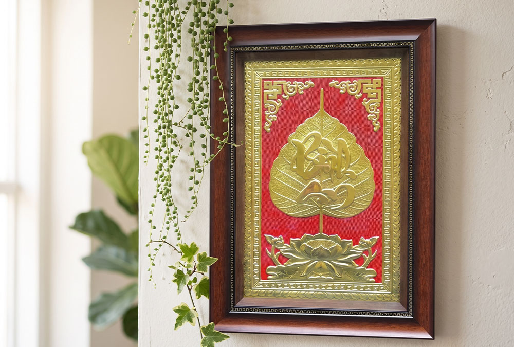Quà Tặng Tranh Chữ Bình An Lá Đề Bằng Đồng Khổ 40cm x 55cm