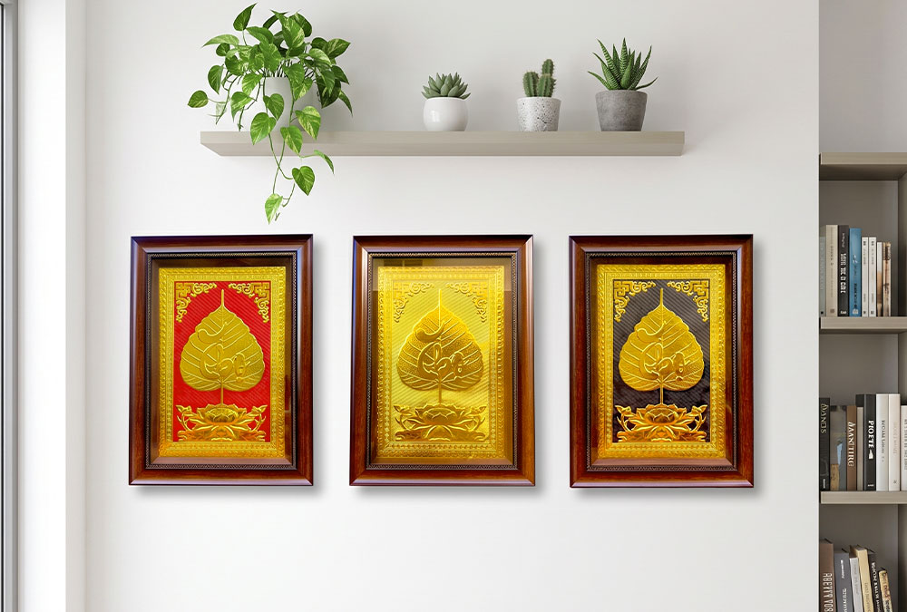 Tranh Lá Đề Chữ Thọ Bằng Đồng Dát Vàng Khổ Dọc 40cm x 55cm