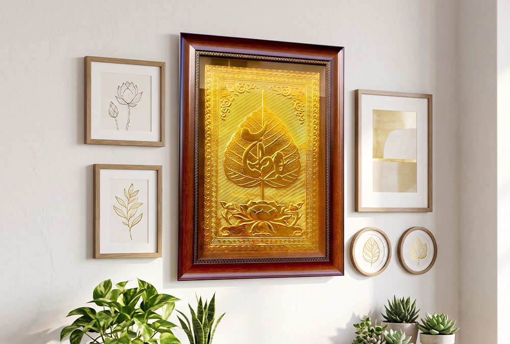 Tranh Lá Đề Chữ Thọ Bằng Đồng Dát Vàng Khổ Dọc 40cm x 55cm