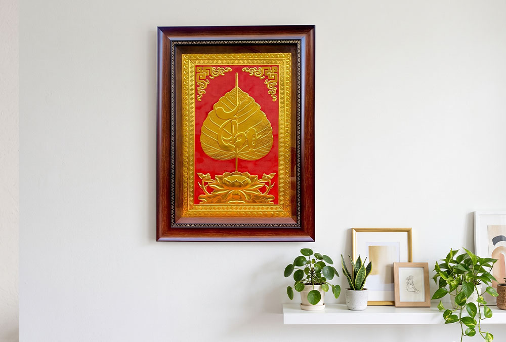Tranh Lá Đề Chữ Thọ Bằng Đồng Dát Vàng Khổ Dọc 40cm x 55cm