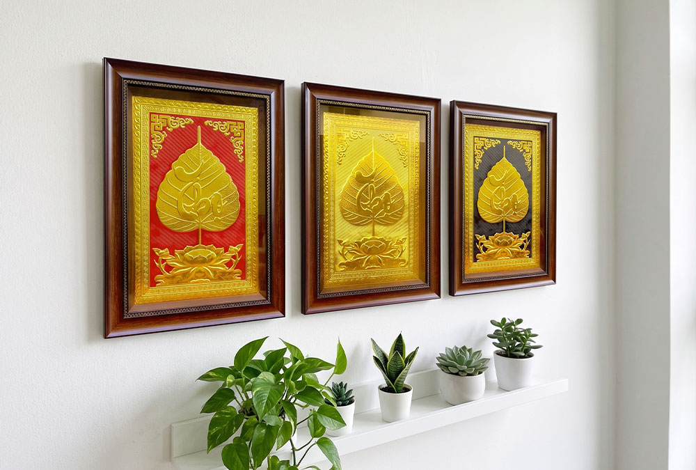 Tranh Lá Đề Chữ Thọ Bằng Đồng Dát Vàng Khổ Dọc 40cm x 55cm