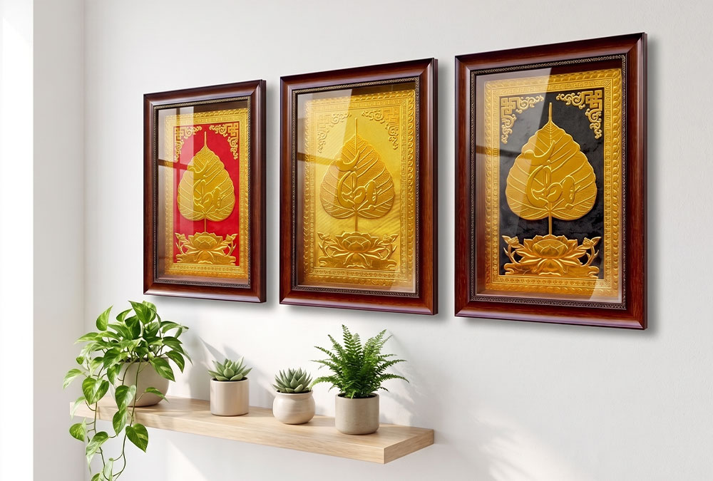 Tranh Lá Đề Chữ Thọ Bằng Đồng Dát Vàng Khổ Dọc 40cm x 55cm
