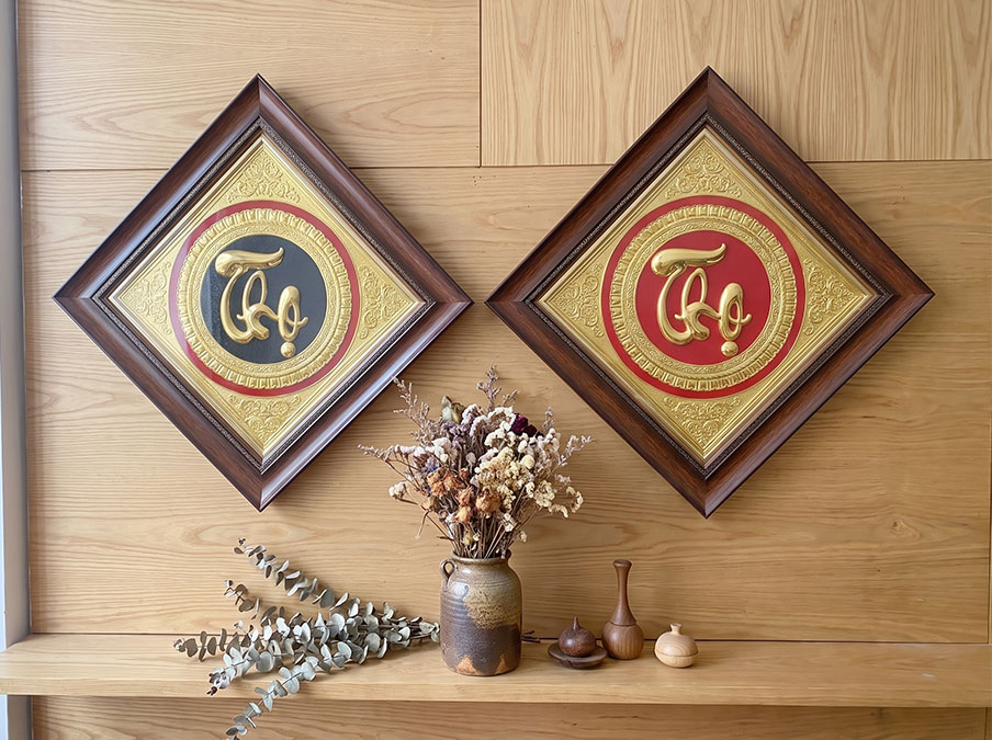 Tranh Chữ Thọ Thư Pháp Bằng Đồng Hình thoi khổ 40cm x 40cm