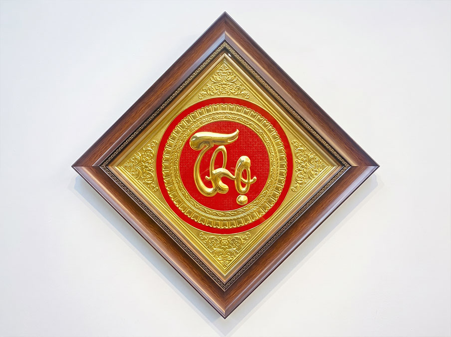 Tranh Chữ Thọ Thư Pháp Bằng Đồng Hình thoi khổ 40cm x 40cm