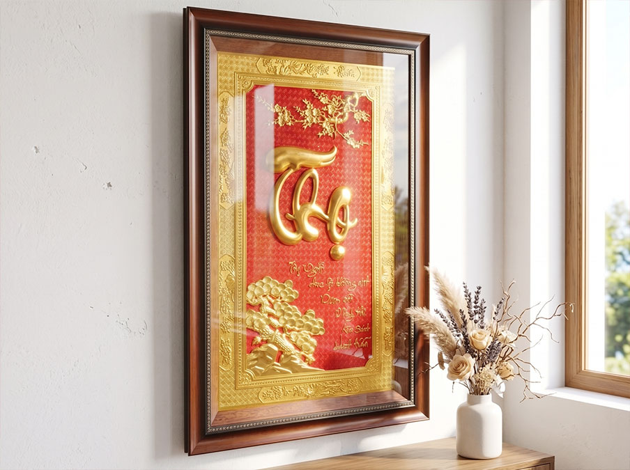 Tranh chữ Thọ Tùng Mai cát tường bằng đồng dát vàng khổ 50cm x 80cm