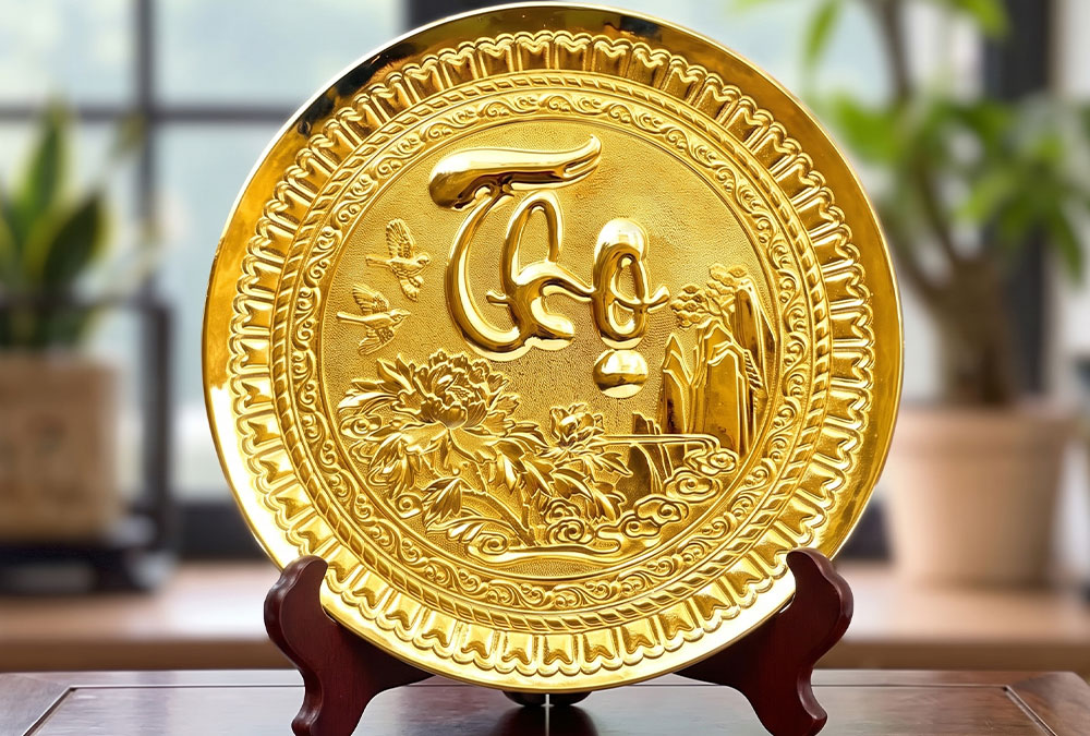 Tranh Đồng Chữ Thọ Tròn Dát Vàng Đường Kính 25cm