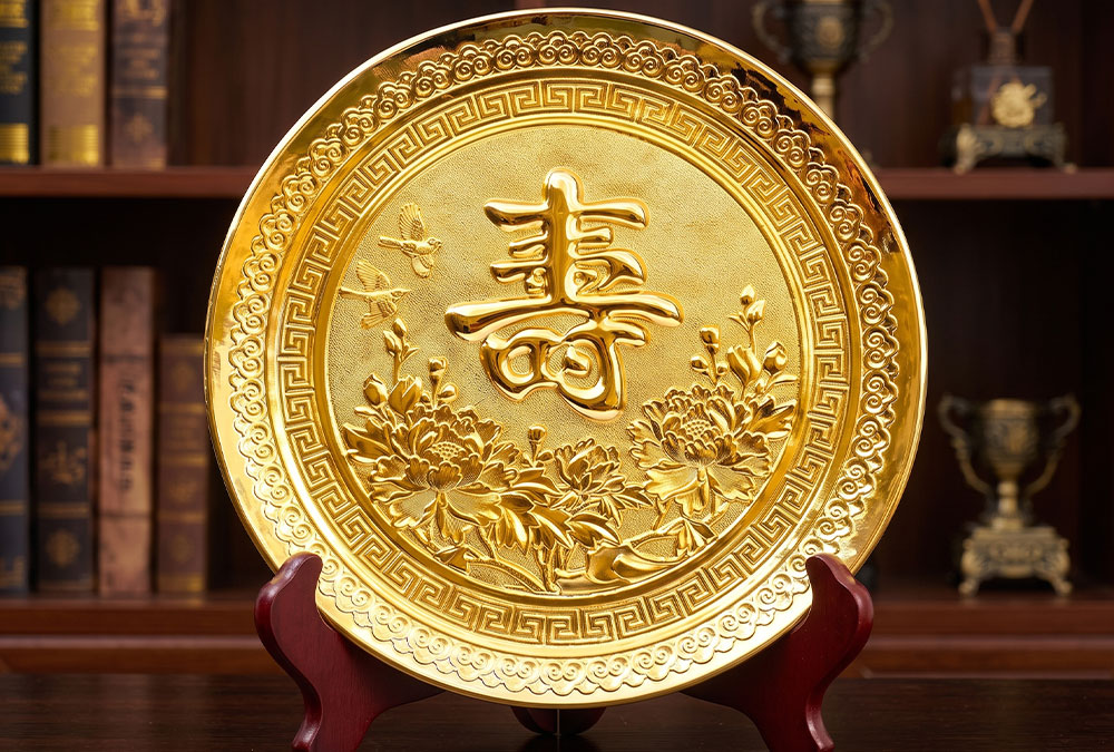 Tranh Đồng Chữ Thọ Tròn Dát Vàng Đường Kính 25cm