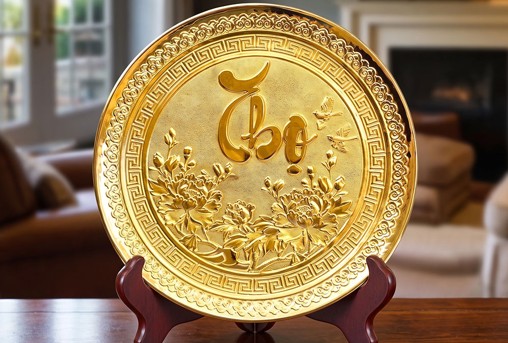 Tranh Đồng Chữ Thọ Tròn Dát Vàng Đường Kính 25cm