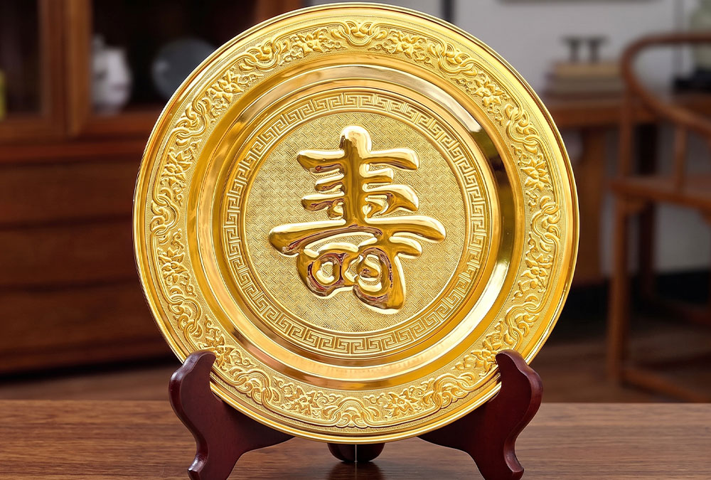 Tranh Đồng Chữ Thọ Tròn Dát Vàng Đường Kính 35cm