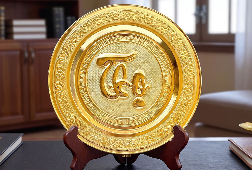 Tranh Đồng Chữ Thọ Tròn Dát Vàng Đường Kính 35cm