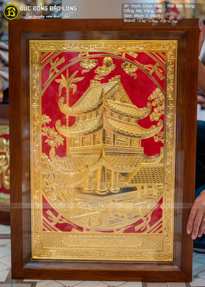 tranh chùa keo thái bình bằng đồng mạ vàng 24k khổ 48x68cm