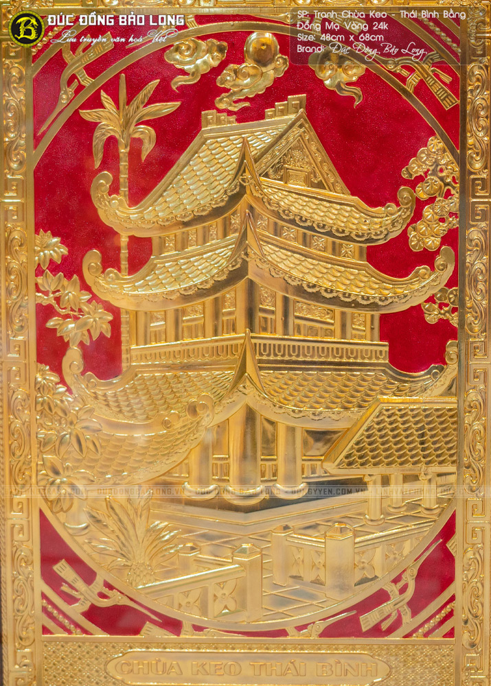 tranh chùa keo thái bình bằng đồng mạ vàng 24k khổ 48x68cm