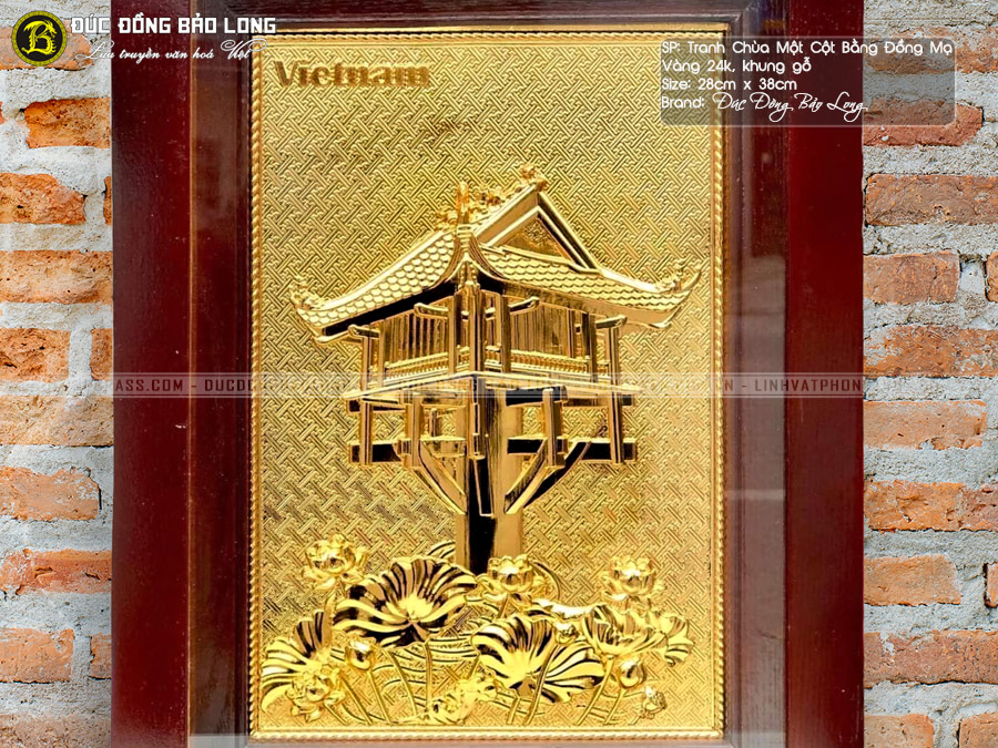 tranh chùa Một Cột bằng đồng mạ vàng 28cmx38cm